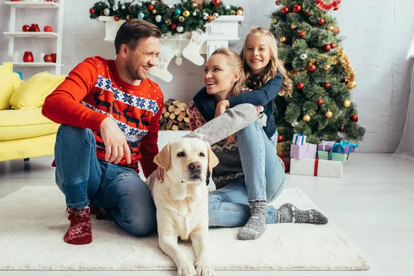 Glückliche Familie in Pullovern kuschelt Labrador neben geschmücktem Weihnachtsbaum — Stockfoto