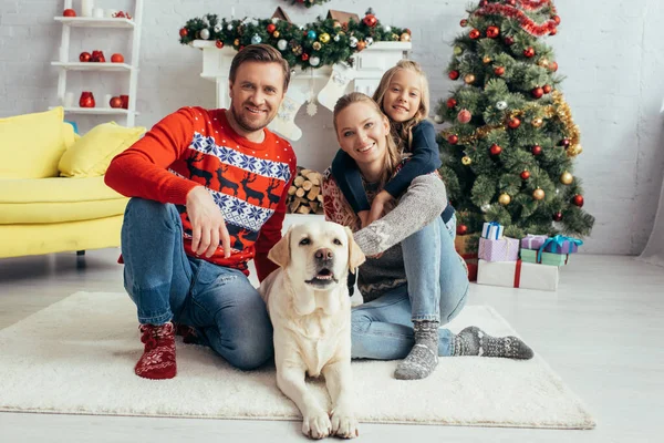 Padres felices en suéteres abrazando labrador cerca de hija y árbol de navidad decorado - foto de stock