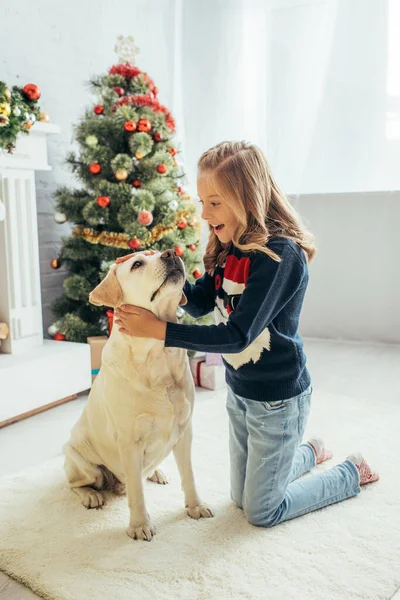 Aufgeregtes Kind im warmen Pullover kuschelt Labrador und hält Geschenk im dekorierten Wohnzimmer, Weihnachtskonzept — Stockfoto