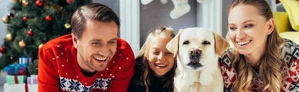 Веселые родители смотрят кино на ноутбуке рядом дочь и собака на Рождество, баннер — стоковое фото