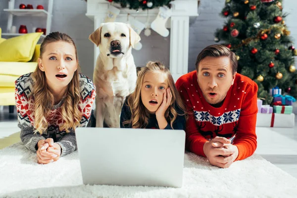 Familia sorprendida mirando la cámara cerca del ordenador portátil y el perro en Navidad - foto de stock