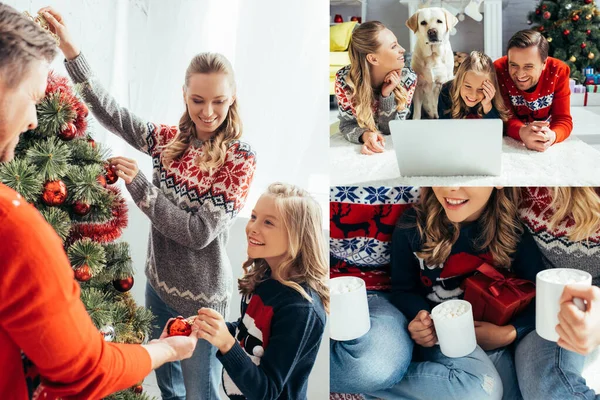 Collage of happy family laughing while watching movie near dog, holding cups and decorating christmas tree — Stock Photo
