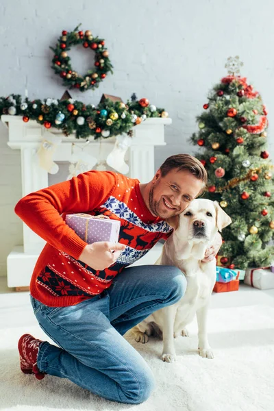 Homme heureux en pull câlin labrador près décoré arbre de Noël — Photo de stock