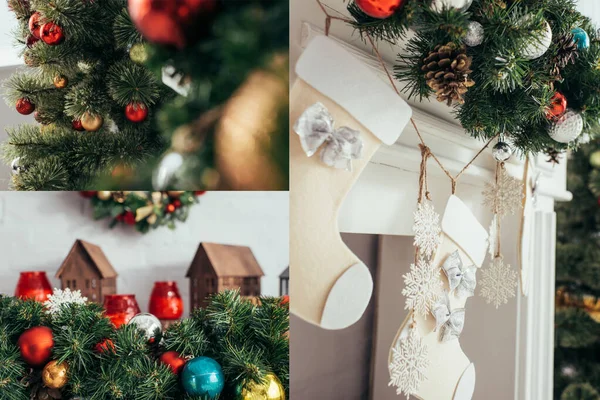 Collage de bolas de colores y conos de pino en abeto cerca de las medias de Navidad y chimenea - foto de stock