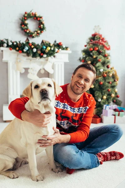 Homem feliz em camisola vermelha sentado com labrador perto da árvore de natal — Fotografia de Stock