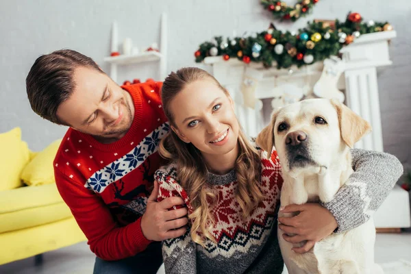 Щасливий чоловік у в'язаному светрі, дивлячись на дружину біля лабрадора в прикрашеній квартирі на Різдво — стокове фото
