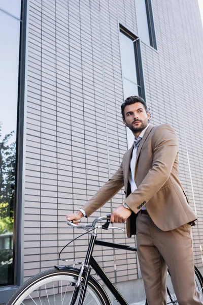 Низький кут зору бородатого бізнесмена в костюмі, що стоїть з велосипедом, дивлячись далеко від будівлі — стокове фото