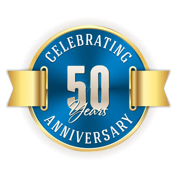 Célébration 50E Anniversaire Emblème Rond Avec Ruban Bleu Jaune — Image vectorielle