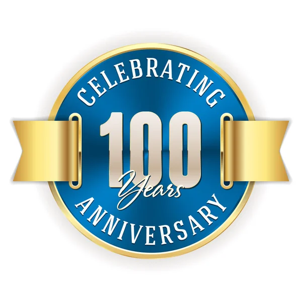 100 Yılını Kutlayan Yıldönümü Yuvarlak Mavi Amblemi Ile Altın Şerit — Stok Vektör