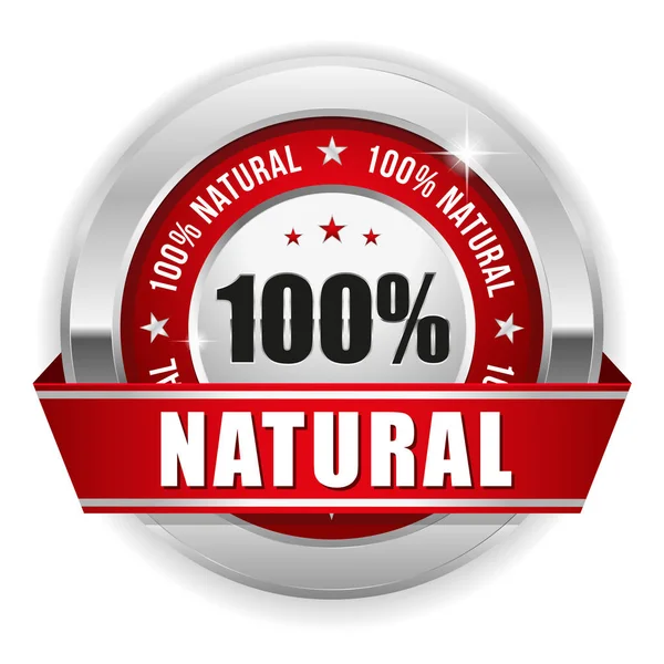 Distintivo 100 Natural Vermelho Com Borda Prateada Fita Fundo Branco — Vetor de Stock