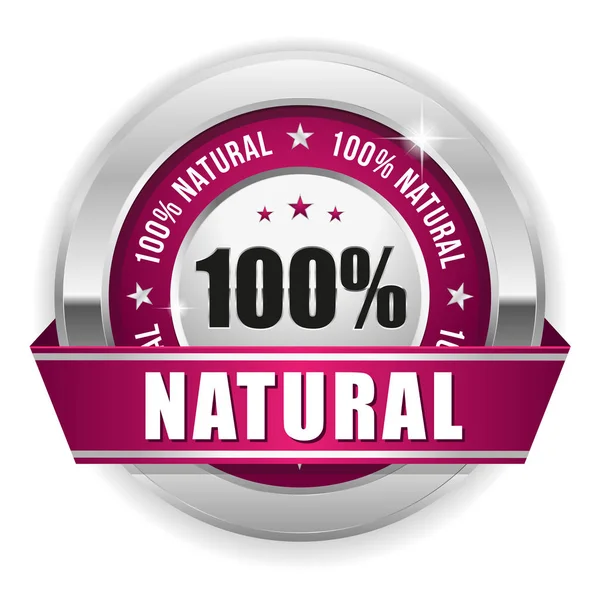 Purple 100 Natural Badge Silver Border Ribbon White Background — Stock Vector