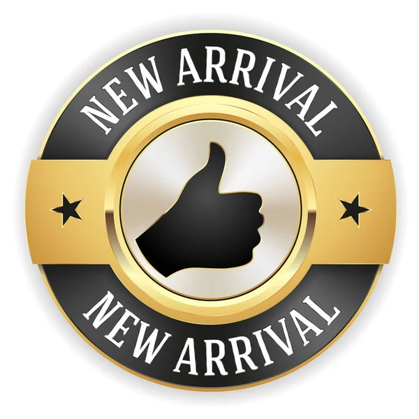 Gouden Nieuwe Aankomst Knop Badge Met Witte Rand — Stockvector