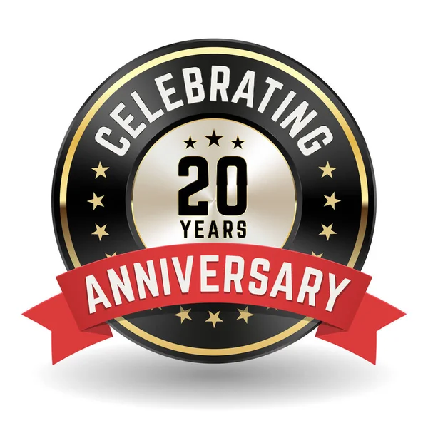 20周年を祝う レッドリボン付きゴールドアニバーサリーバッジ — ストックベクタ