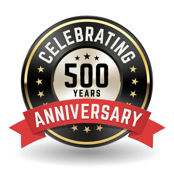Celebrating 500 Years Gold Anniversary Badge Red Ribbon — Stock Vector