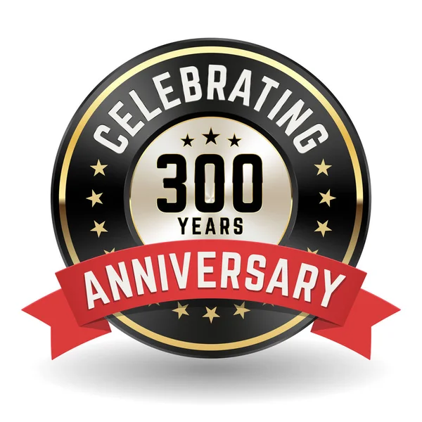 300周年を祝う レッドリボン付きゴールドアニバーサリーバッジ — ストックベクタ