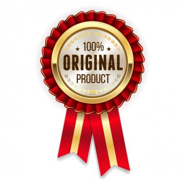 Altın yüzde 100 orijinal rozet beyaz arka plan üzerinde kırmızı kurdele ile