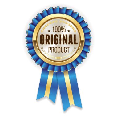 Altın yüzde 100 orijinal rozet beyaz arka plan üzerinde mavi kurdele ile