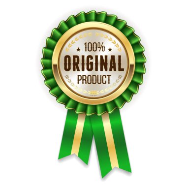 Altın yüzde 100 orijinal rozet beyaz arka plan üzerinde yeşil kurdele ile