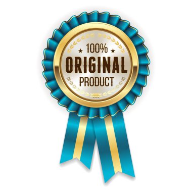 Altın yüzde 100 orijinal rozet beyaz arka plan üzerinde mavi kurdele ile
