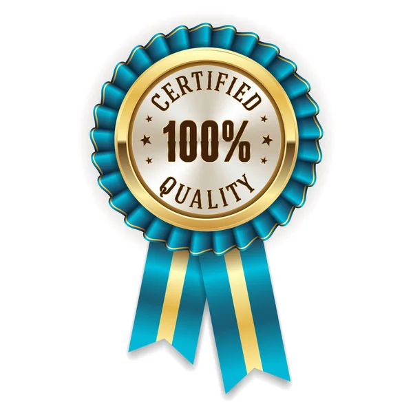 Gold 100 Percent Certified Quality Badge Blue Ribbon — Stock Vector