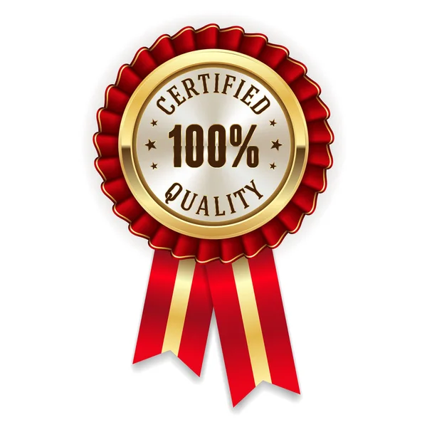 Gold 100 Percent Certified Quality Badge Red Ribbon — Stock Vector