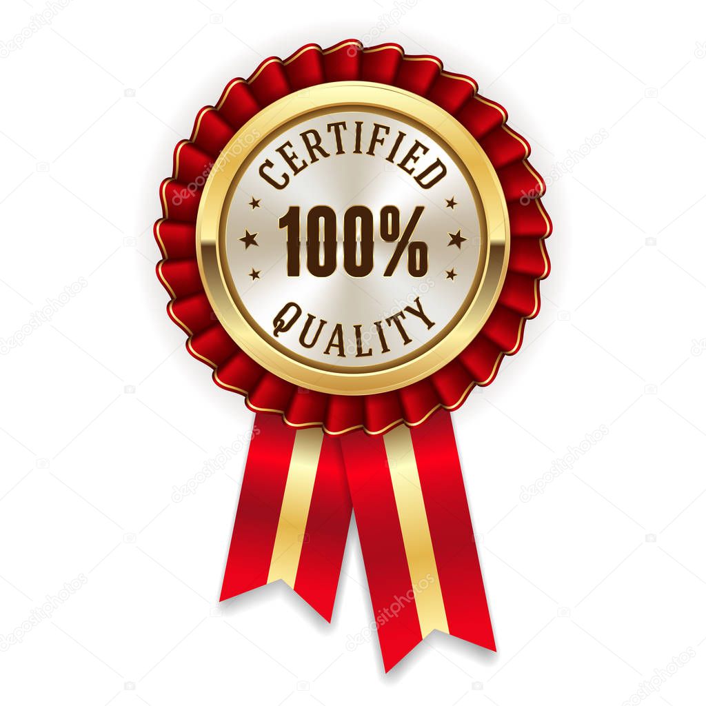 Gold 100 percent certified quality badge with red ribbon