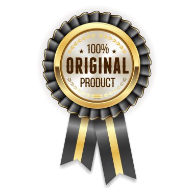 Altın yüzde 100 orijinal rozet ilerler ve beyaz arka plan üzerinde mor kurdele