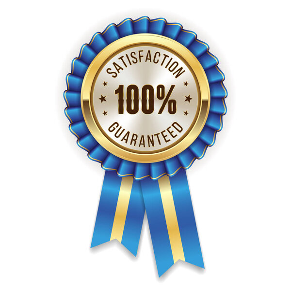 Gold 100 percent satisfaction guaranteed badge, rosette with blue ribbon