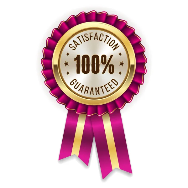 Gold 100 Percent Satisfaction Guaranteed Badge Rosette Purple Ribbon — Stock Vector