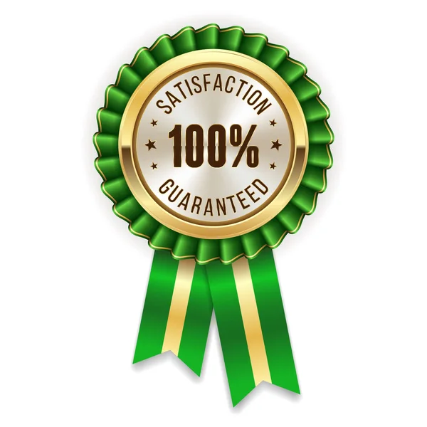 Gold 100 Percent Satisfaction Guaranteed Badge Rosette Green Ribbon — Stock Vector