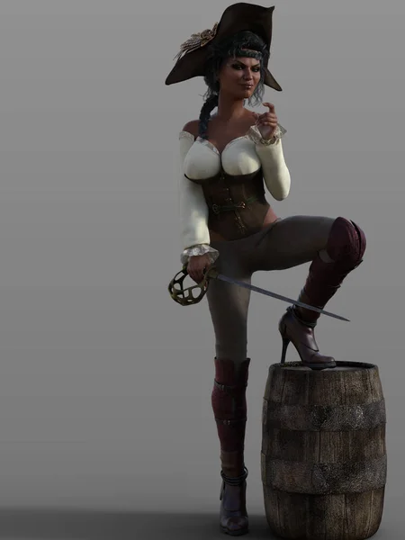 布鲁内特的性感海盗女人带着剑和火枪 性感海盗女人3D渲染库存模型 — 图库照片