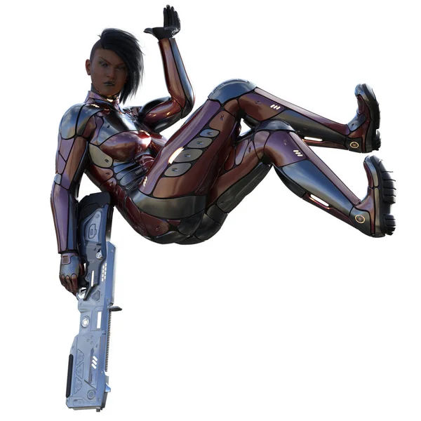 基于白色背景的空间探索者女性科幻未来宇宙航行员黑与红金属盔甲与未来科幻武器的三维渲染说明 — 图库照片