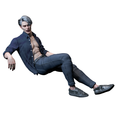 3 Boyutlu Seksi Vampir Adam Fantezi Karakteri. Düğmesiz Gömlekli, Uzun Koyu Saçlı, Yüzük Giyen Soluk Renkli Şehir Fantezi Adamı ve Ağzında Kanla Karanlık Kıyafetli.