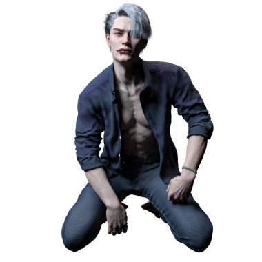 3 Boyutlu Seksi Vampir Adam Fantezi Karakteri. Düğmesiz Gömlekli, Uzun Koyu Saçlı, Yüzük Giyen Soluk Renkli Şehir Fantezi Adamı ve Ağzında Kanla Karanlık Kıyafetli.