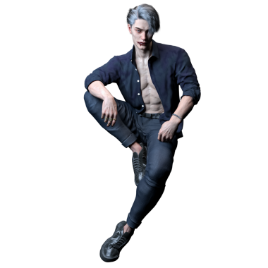 3 Boyutlu Seksi Vampir Adam Fantezi Karakteri. Düğmesiz Gömlekli, Uzun Koyu Saçlı, Yüzük Giyen Soluk Renkli Şehir Fantezi Adamı ve Ağzında Kanla Karanlık Kıyafetli.