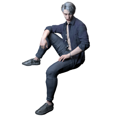 3 Boyutlu Seksi Vampir Adam Fantezi Karakteri. Düğmesiz Gömlekli, Uzun Koyu Saçlı, Yüzük Giyen Soluk Renkli Şehir Fantezi Adamı ve Ağzında Kanla Karanlık Kıyafetli.