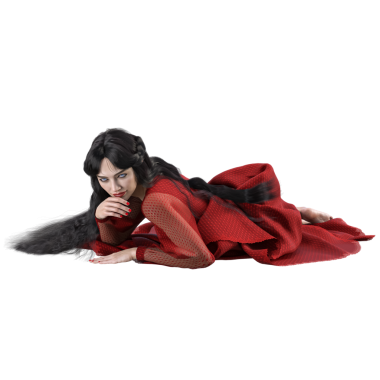 3 Boyutlu Güzel ve Şehvetli Fantezi Kadın Uzun Kırmızı Elbiseli Uzun Dalgalı Siyah Saçlı Şeffaf arkaplanda yalıtılmış büyülü şehvetli bir poz