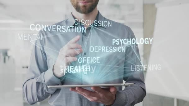 psychology therapy help speaking listening word cloud made as hologram used on tablet by bearded man, also used animated conversation discussion depression office word as background in uhd 4k 3840