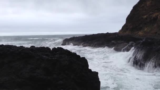 Ondas Batendo Contra Rocha Negra Costa Oregon Cape Perpetua — Vídeo de Stock