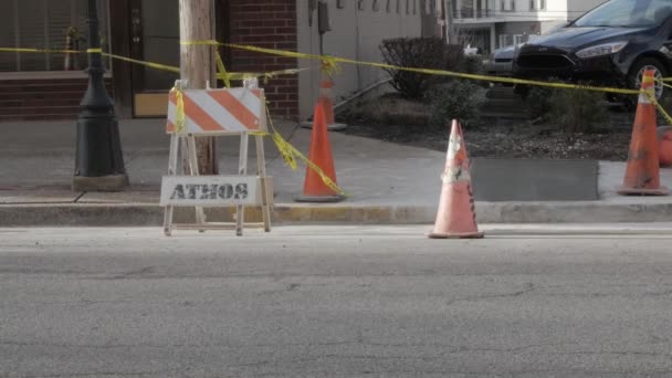 Big Orange Cones Setup Construction Zone Middle Small Downtown — Stock Video