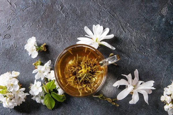 Glass Cup Hot Green Tea Spring Flowers White Magnolia Cherry — Stock Photo, Image