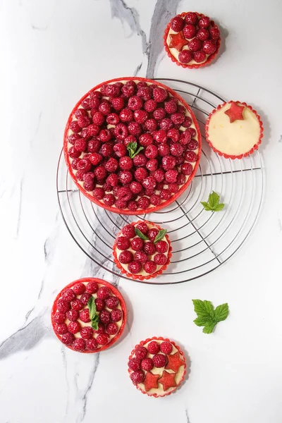 Разнообразие Красных Малиновых Пирожных Тарталетки Лимонным Заварным Кремом Свежей Малиной — стоковое фото