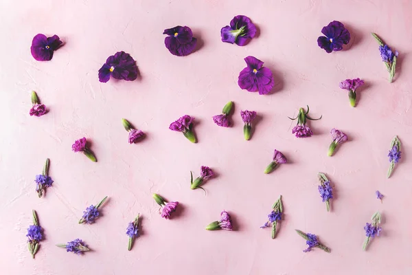 Wiele Fioletowe Kwiaty Jadalne Danie Dekorowanie Różowym Tle Pastel Widok — Zdjęcie stockowe