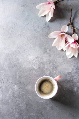 Pembe bir fincan siyah espresso kahve ve bahar magnoliabranches gri doku arka plan üzerinde çiçekler. Görünümü en çok, uzay kopyalayın. Bahar tebrik kartı