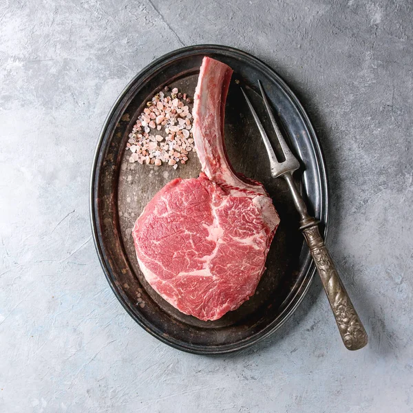 Raw Uncooked Black Angus Beef Tomahawk Steak Bone Served Salt — Stock Photo, Image