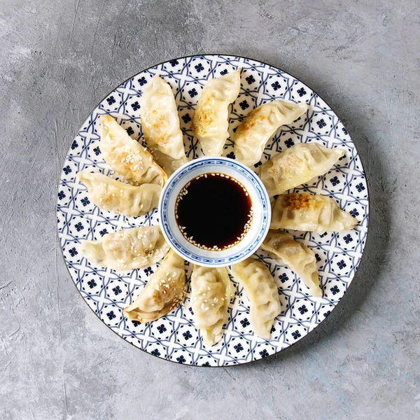 Asian Dumplings Gyozas Potstickers White Blue Ceramic Plate Served Chopsticks — Stock Photo, Image