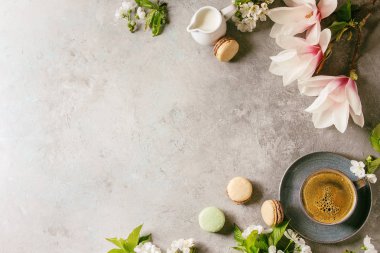 Siyah espresso kahve Fransız tatlı macaroons, krem ve bahar çiçekleri Manolya, çiçeklenme kiraz dallar gri doku arka plan üzerinde mavi fincan. Üstten Görünüm alanı. Bahar tebrik kartı, duvar kağıtları