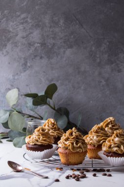 Taze kahve buttercream ve beyaz mermer mutfak masasının üzerinde raf okaliptüs şubeler ve yukarıda kahve çekirdekleri ile soğutma ayakta karamel ile ev yapımı cupcakes pişmiş.