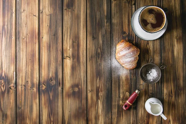 Homemade Croissant Sugar Powder Cup Coffee Jug Milk Vintage Sieve — Stock Photo, Image