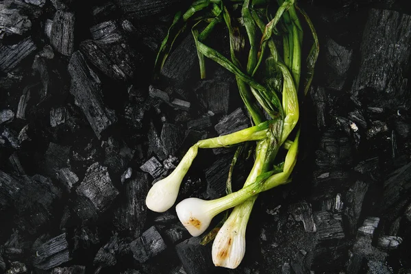 Ψητά Λαχανικά Φρέσκα Κρεμμυδάκια Μαύρο Κάρβουνα Κάτοψη Χώρο Έννοια Μπάρμπεκιου — Φωτογραφία Αρχείου